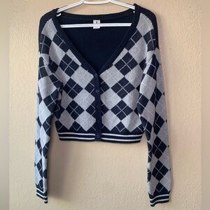 ABOUND Argyle Navy Blue Preppy Academia Button Front Cardigan Size XS